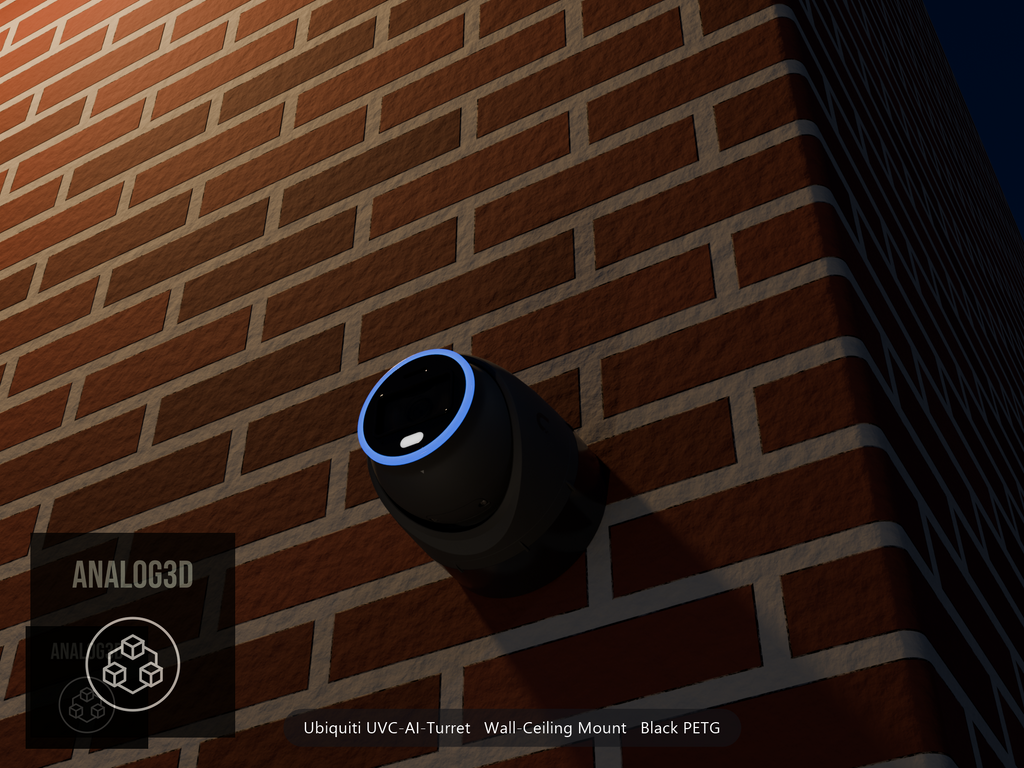 Ubiquiti UVC-AI-Turret on black PETG wall-ceiling mount on a brick wall at night