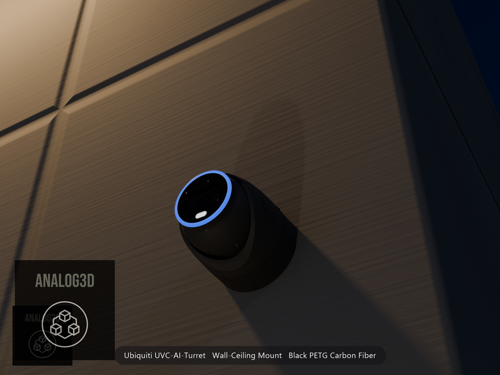 Ubiquiti UVC-AI-Turret on black PETG carbon fiber wall-ceiling mount on a concrete wall at night