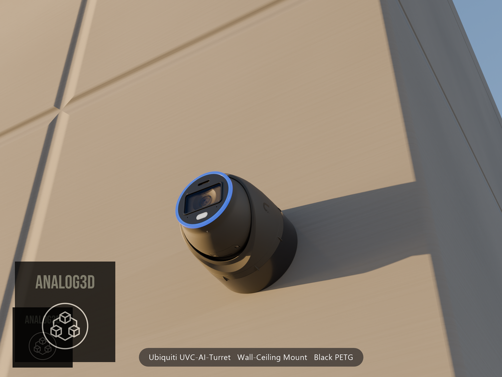 Ubiquiti UVC-AI-Turret on black PETG wall-ceiling mount on a concrete wall at golden hour