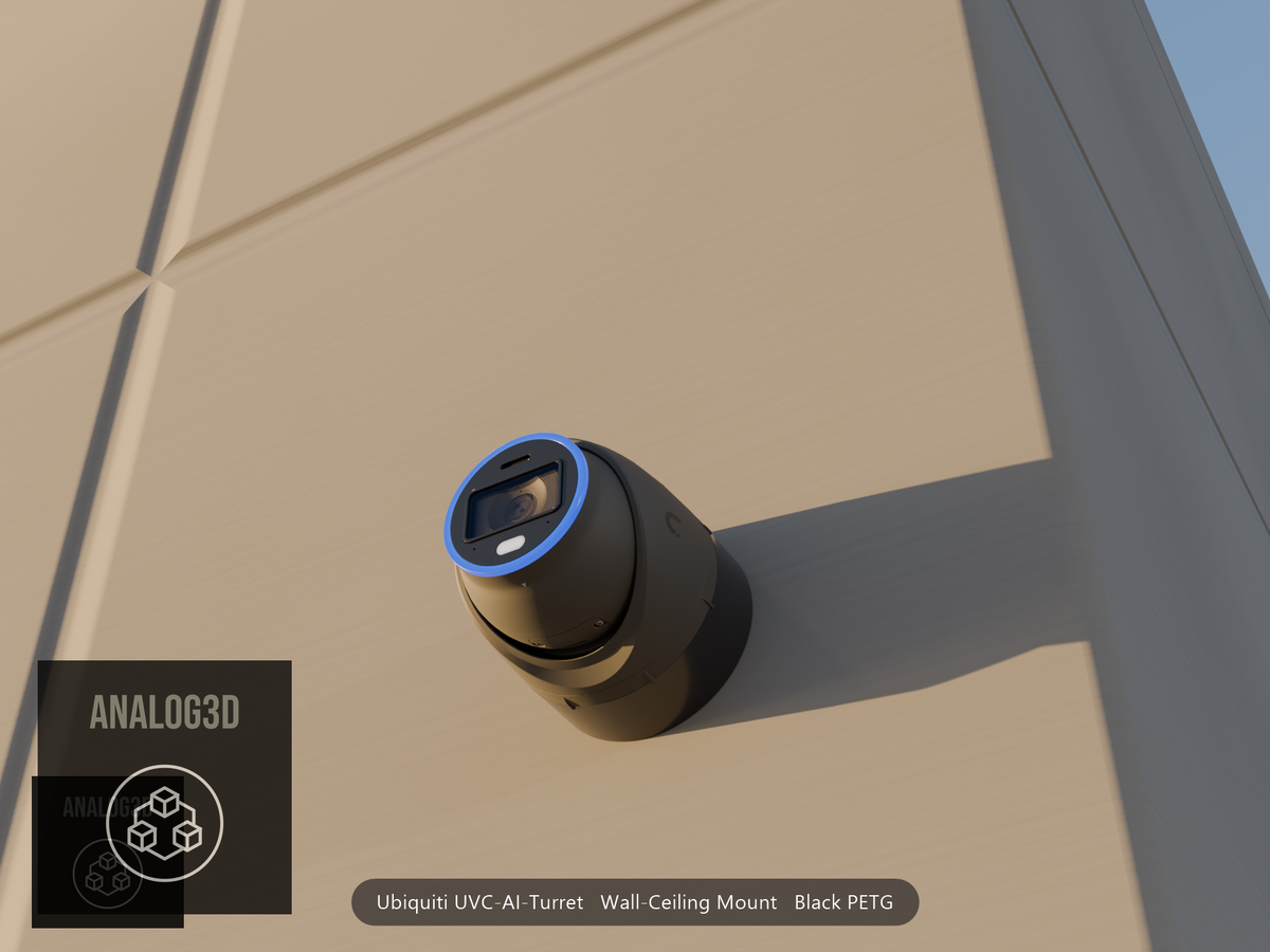 Ubiquiti UVC-AI-Turret on black PETG wall-ceiling mount on a concrete wall at golden hour