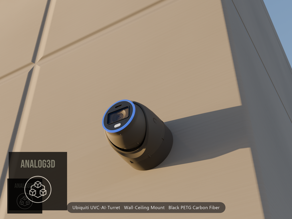 Ubiquiti UVC-AI-Turret on black PETG carbon fiber wall-ceiling mount on a concrete wall at golden hour