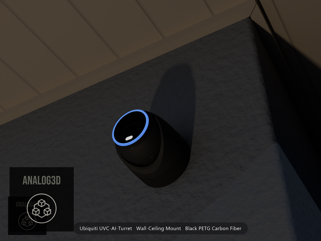 Ubiquiti UVC-AI-Turret on black PETG carbon fiber wall-ceiling mount on a stucco wall at night