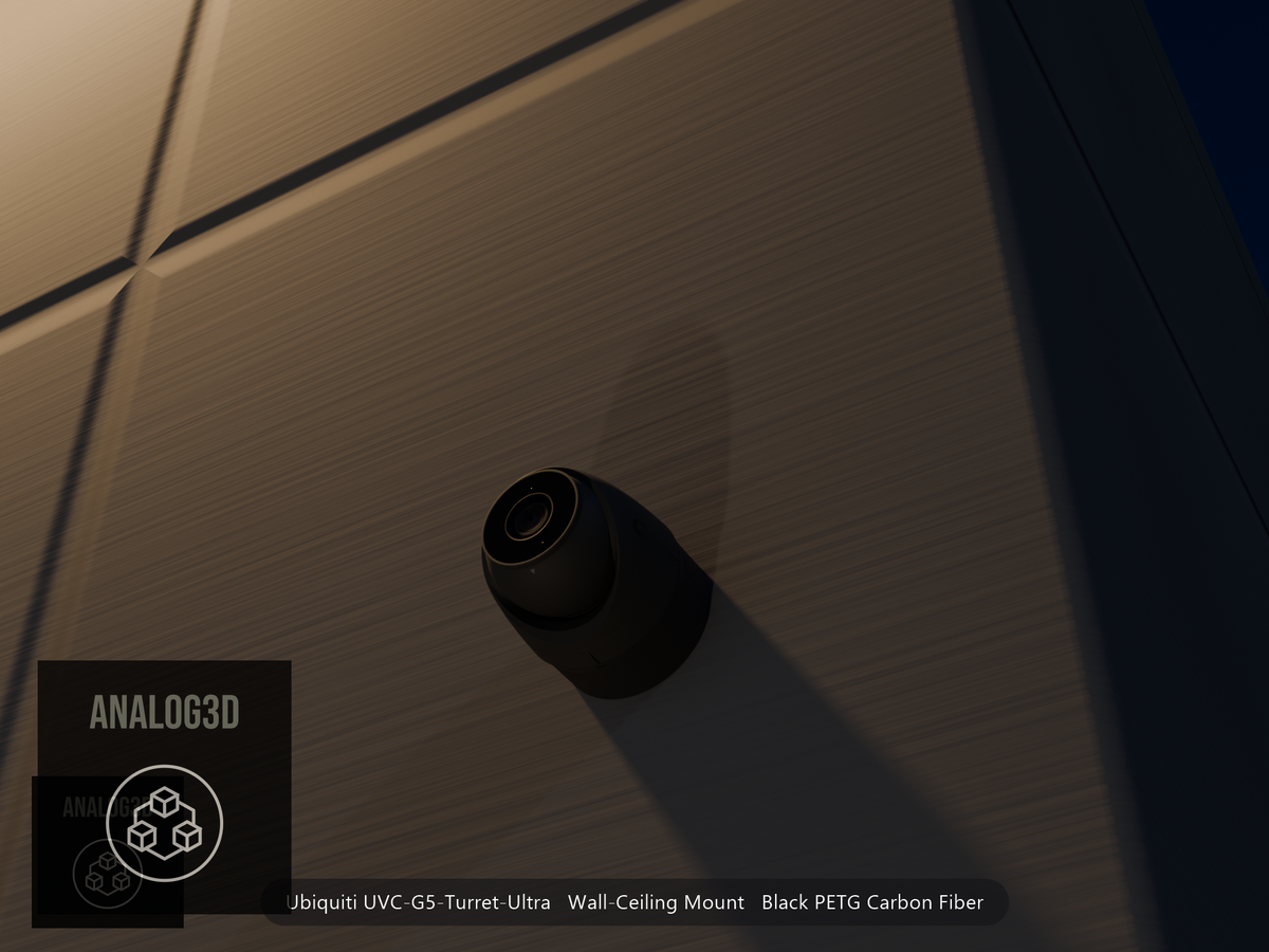 Ubiquiti UVC-G5-Turret-Ultra on black PETG carbon fiber wall-ceiling mount on a concrete wall at night