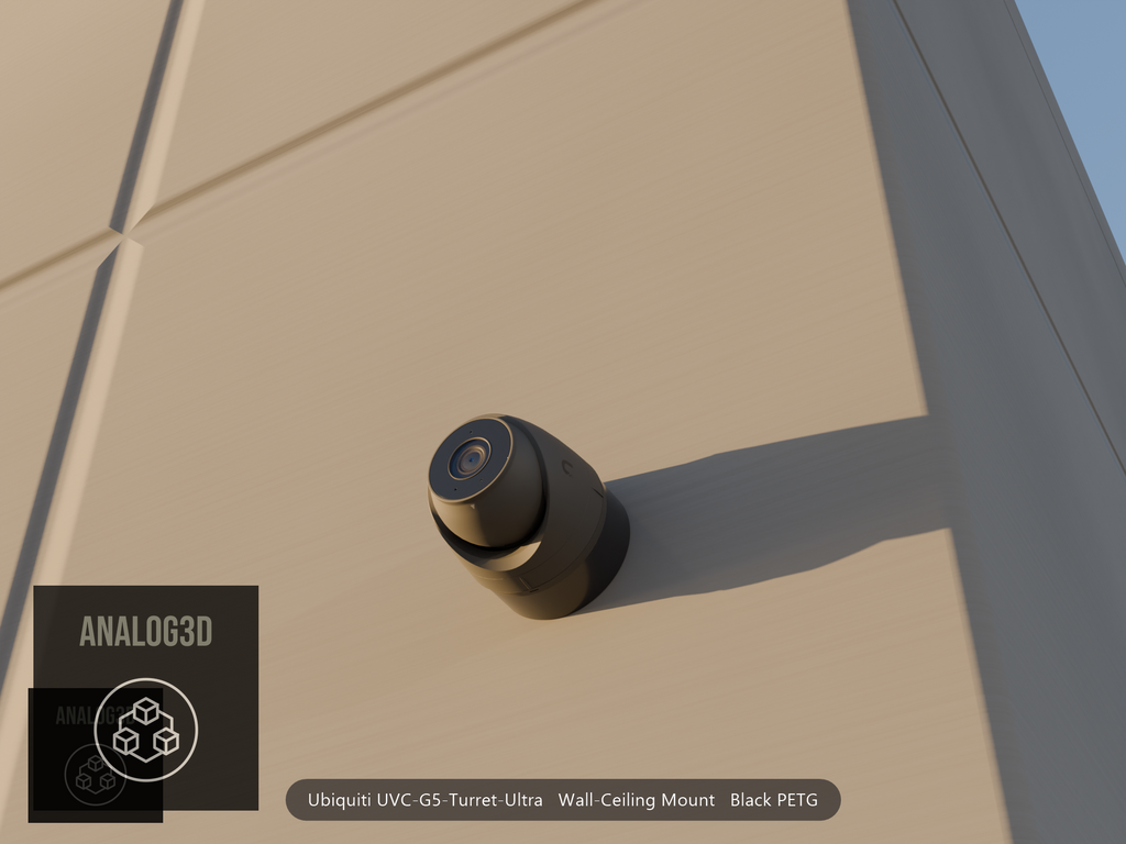 Ubiquiti UVC-G5-Turret-Ultra on black PETG wall-ceiling mount on a concrete wall at golden hour