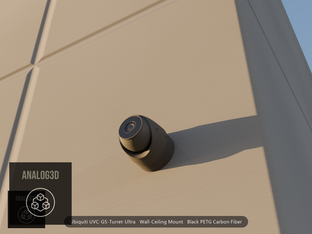 Ubiquiti UVC-G5-Turret-Ultra on black PETG carbon fiber wall-ceiling mount on a concrete wall at golden hour