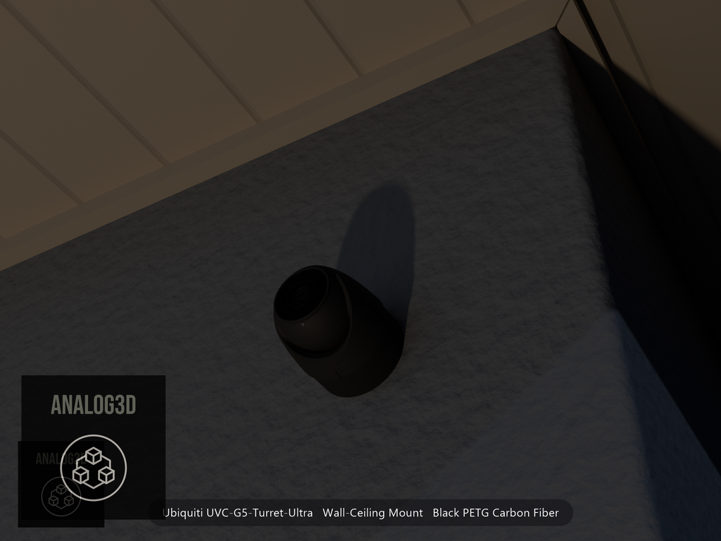 Ubiquiti UVC-G5-Turret-Ultra on black PETG carbon fiber wall-ceiling mount on a stucco wall at night