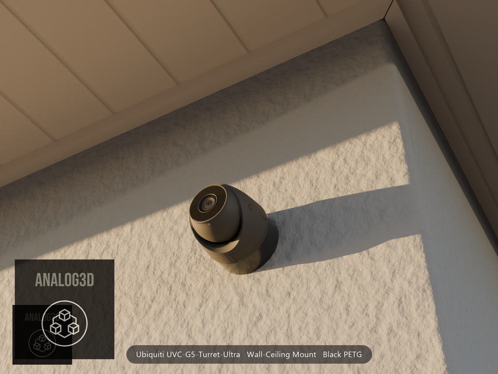 Ubiquiti UVC-G5-Turret-Ultra on black PETG wall-ceiling mount on a stucco wall at golden hour