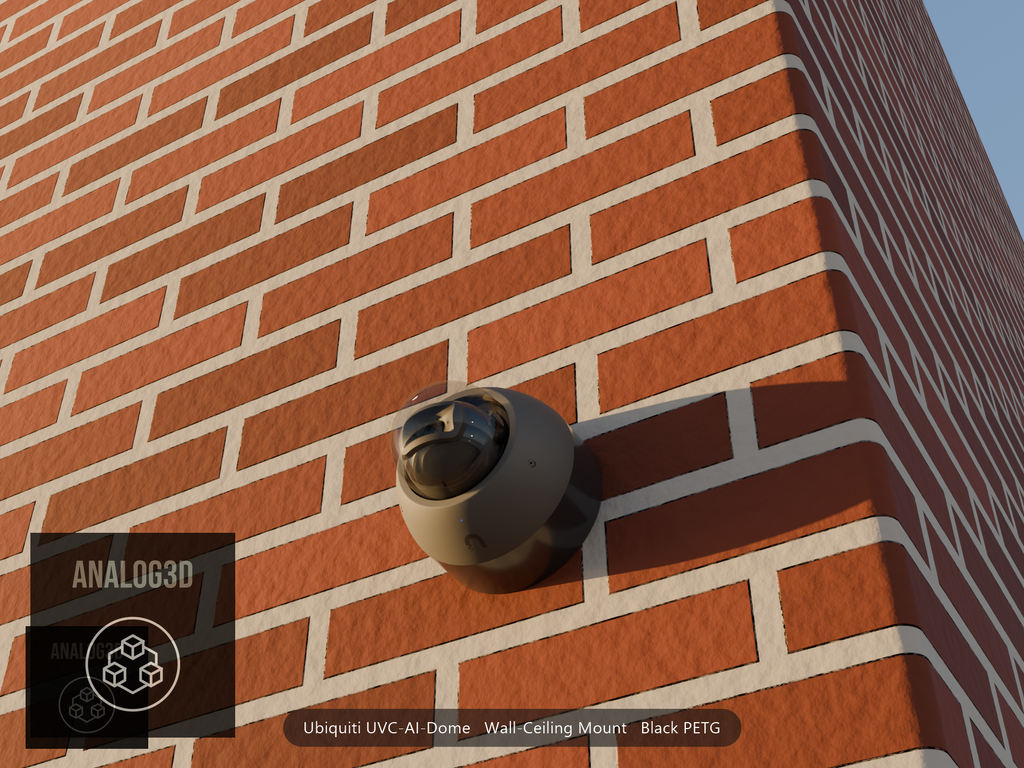 Ubiquiti UVC-AI-Dome on black PETG wall-ceiling mount on a brick wall at golden hour