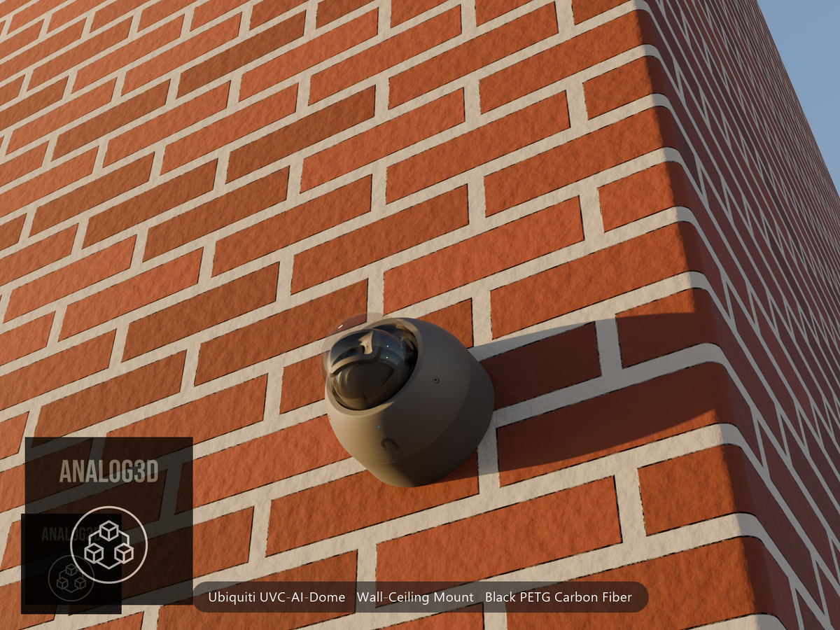 Ubiquiti UVC-AI-Dome on black PETG carbon fiber wall-ceiling mount on a brick wall at golden hour
