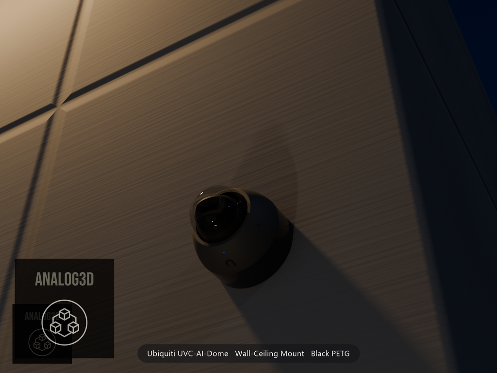Ubiquiti UVC-AI-Dome on black PETG wall-ceiling mount on a concrete wall at night