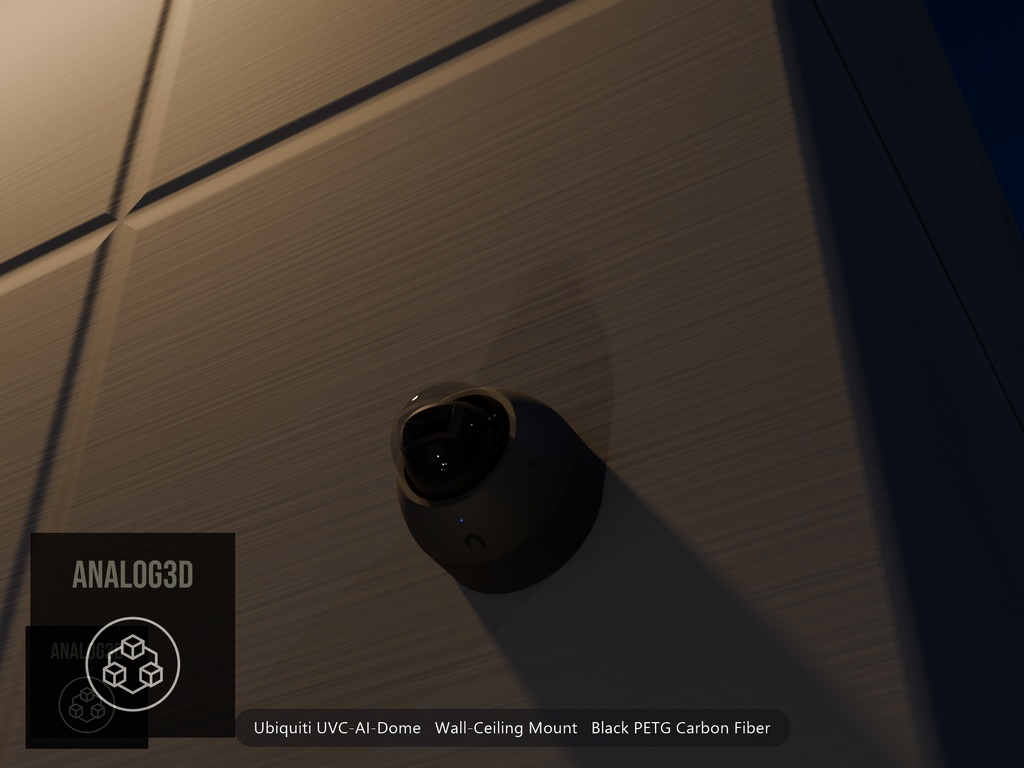 Ubiquiti UVC-AI-Dome on black PETG carbon fiber wall-ceiling mount on a concrete wall at night