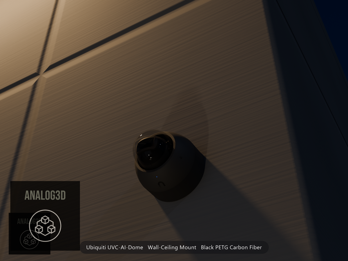 Ubiquiti UVC-AI-Dome on black PETG carbon fiber wall-ceiling mount on a concrete wall at night