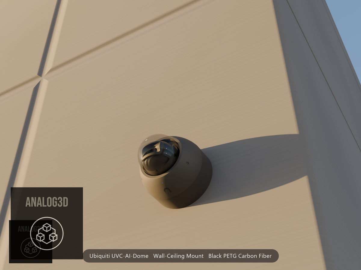 Ubiquiti UVC-AI-Dome on black PETG carbon fiber wall-ceiling mount on a concrete wall at golden hour