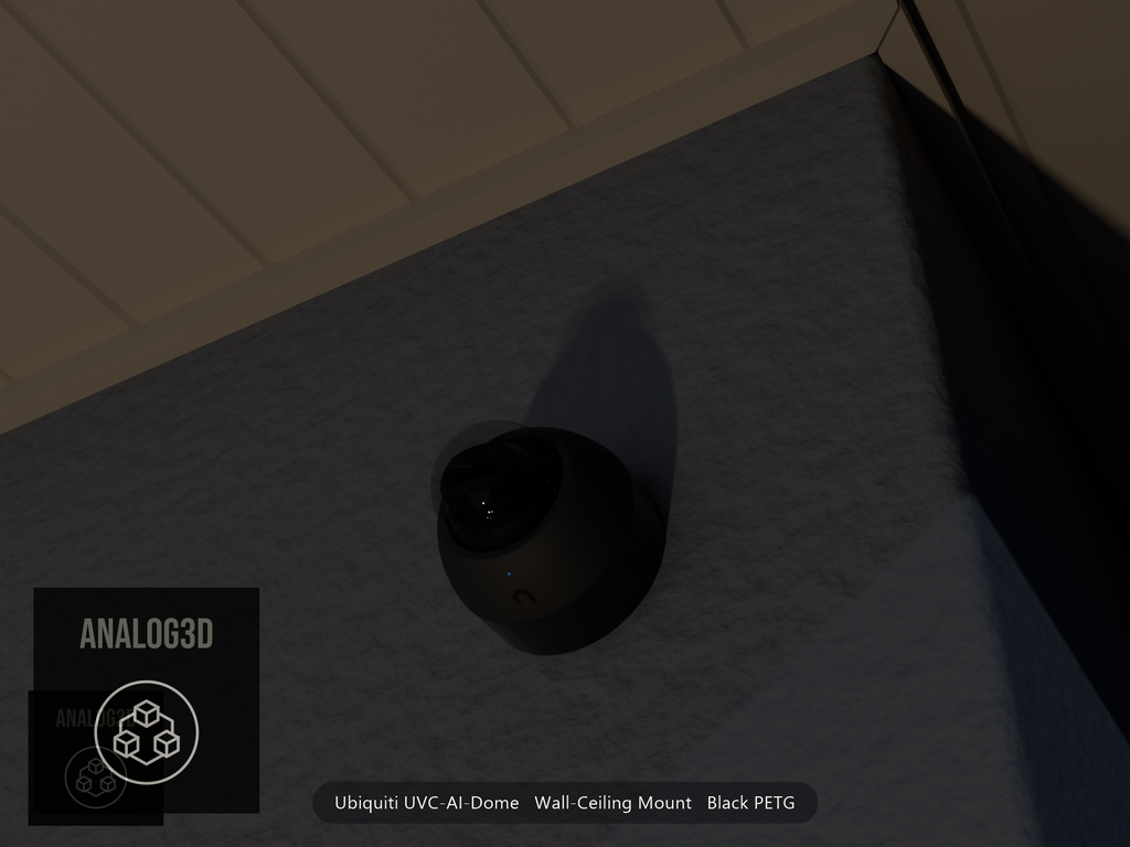Ubiquiti UVC-AI-Dome on black PETG wall-ceiling mount on a stucco wall at night