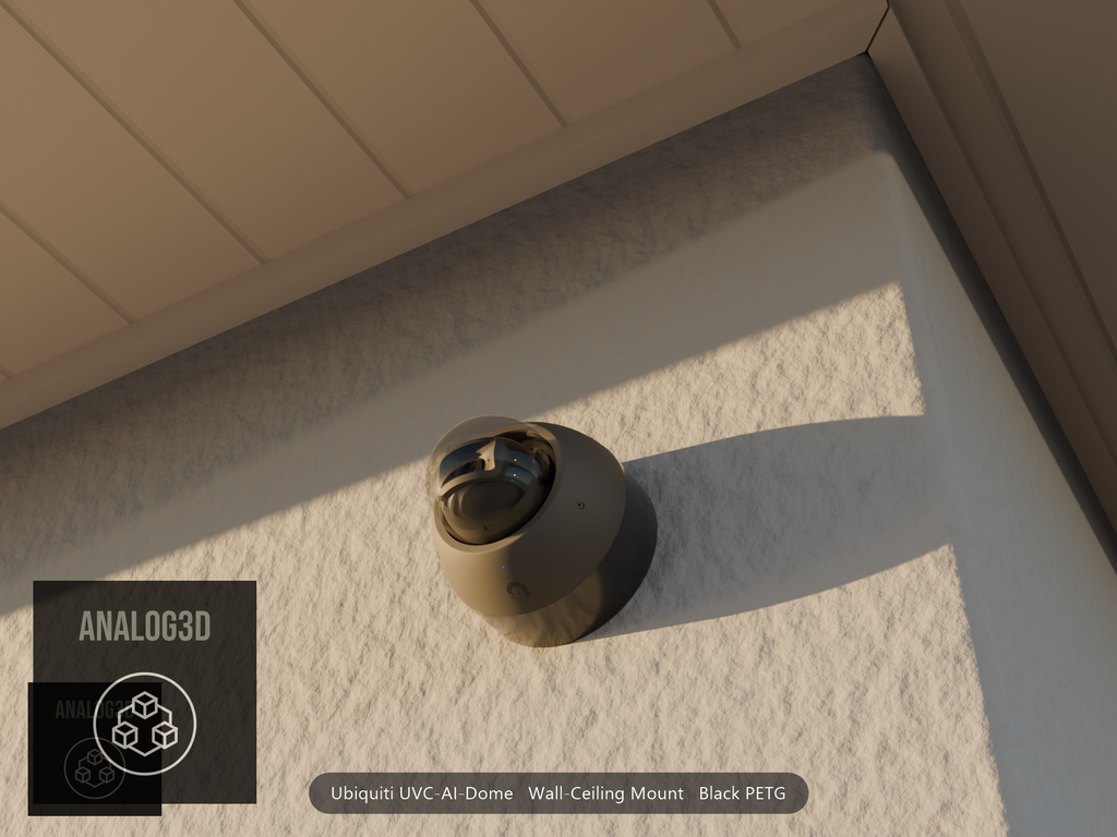 Ubiquiti UVC-AI-Dome on black PETG wall-ceiling mount on a stucco wall at golden hour