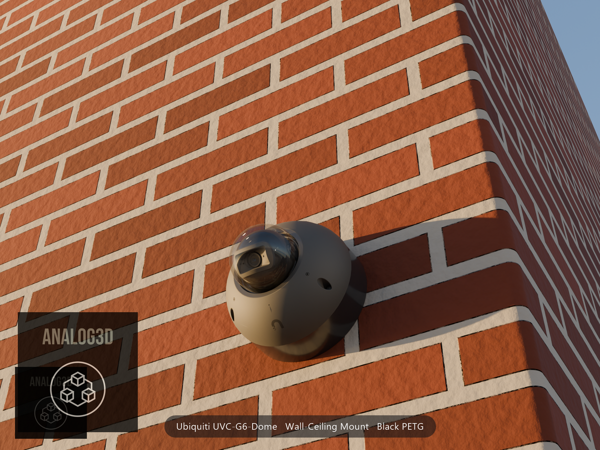 Ubiquiti UVC-G6-Dome on black PETG wall-ceiling mount on a brick wall at golden hour