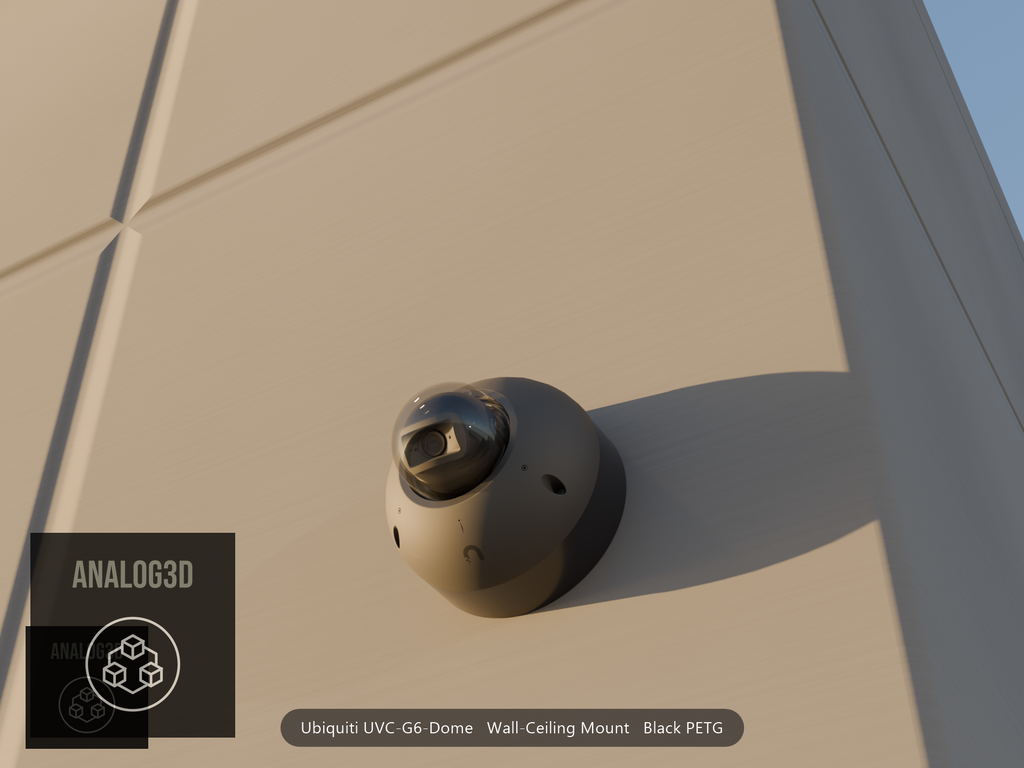 Ubiquiti UVC-G6-Dome on black PETG wall-ceiling mount on a concrete wall at golden hour