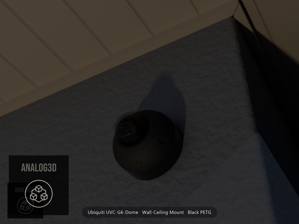 Ubiquiti UVC-G6-Dome on black PETG wall-ceiling mount on a stucco wall at night