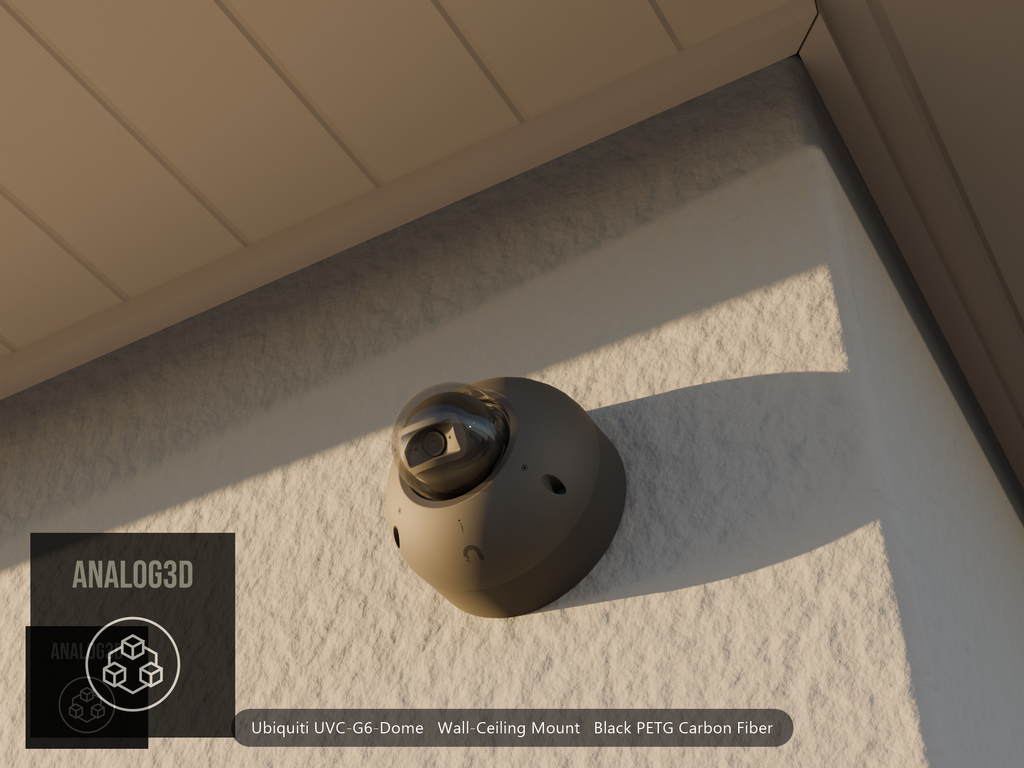 Ubiquiti UVC-G6-Dome on black PETG carbon fiber wall-ceiling mount on a stucco wall at golden hour