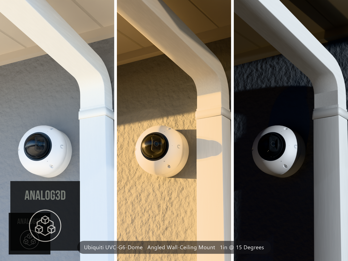 Ubiquiti UVC-G6-Dome on a 15 degree angled wall-ceiling mount, 1 inch extension, white PETG, installed beside a stucco wall with a downspout - daylight, golden hour, and night