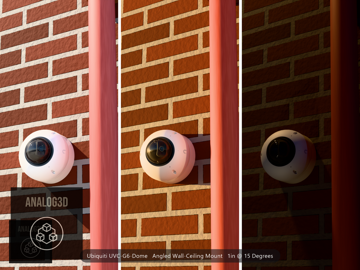 Ubiquiti UVC-G6-Dome on a 15 degree angled wall-ceiling mount, 1 inch extension, white PETG, installed beside a brick wall with a downpipe - daylight, golden hour, and night