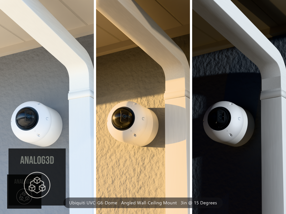 Ubiquiti UVC-G6-Dome on a 15 degree angled wall-ceiling mount, 3 inch extension, white PETG, installed beside a stucco wall with a downspout - daylight, golden hour, and night