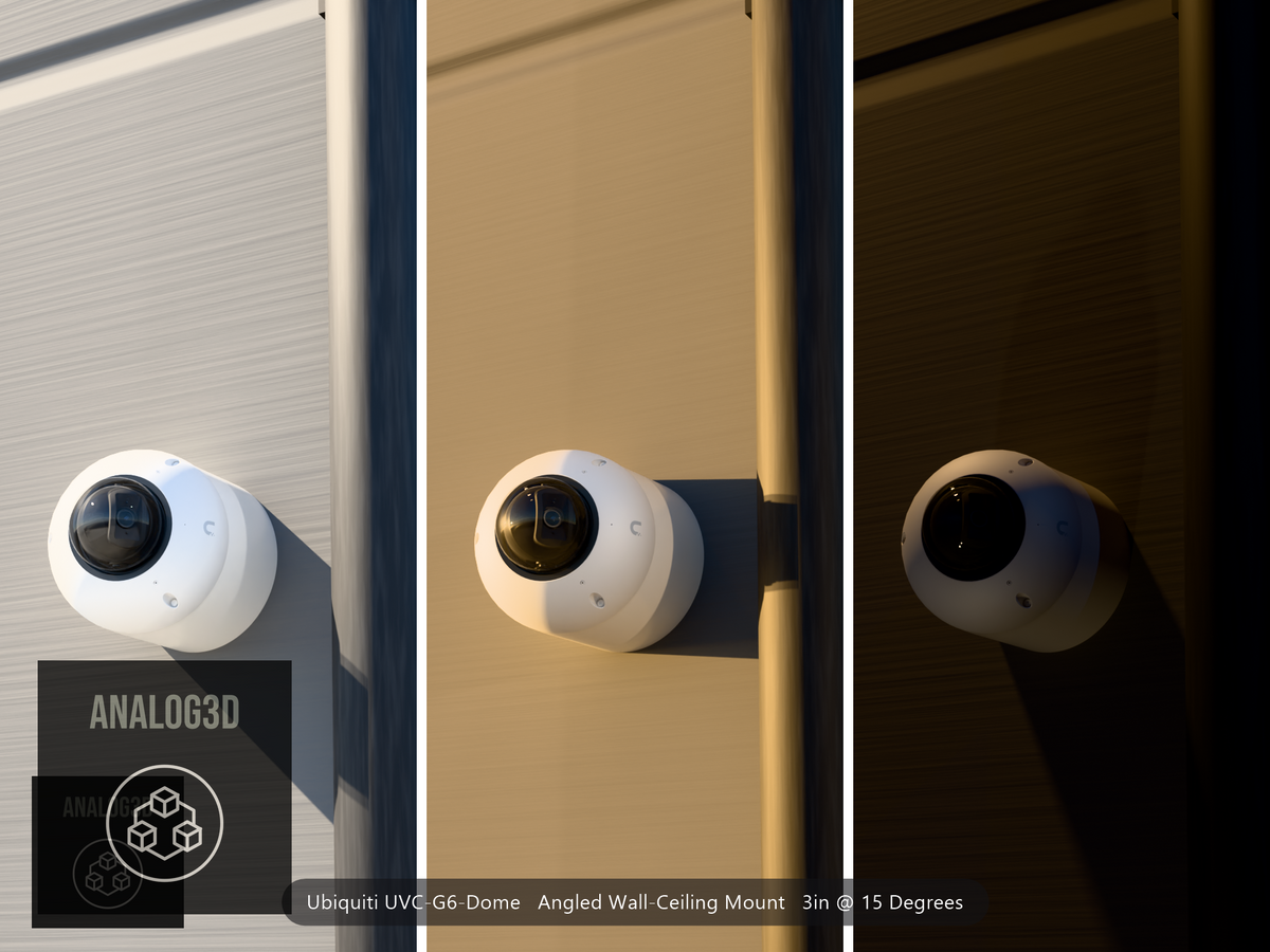 Ubiquiti UVC-G6-Dome on a 15 degree angled wall-ceiling mount, 3 inch extension, white PETG, installed beside a concrete wall with a downpipe - daylight, golden hour, and night