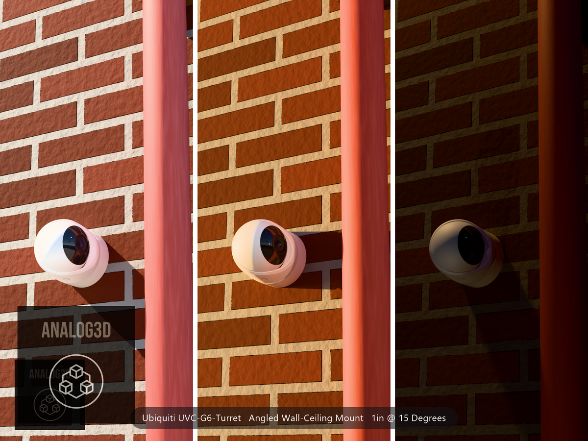 Ubiquiti UVC-G6-Turret on a 15 degree angled wall-ceiling mount, 1 inch extension, white PETG, installed beside a brick wall with a downpipe - daylight, golden hour, and night