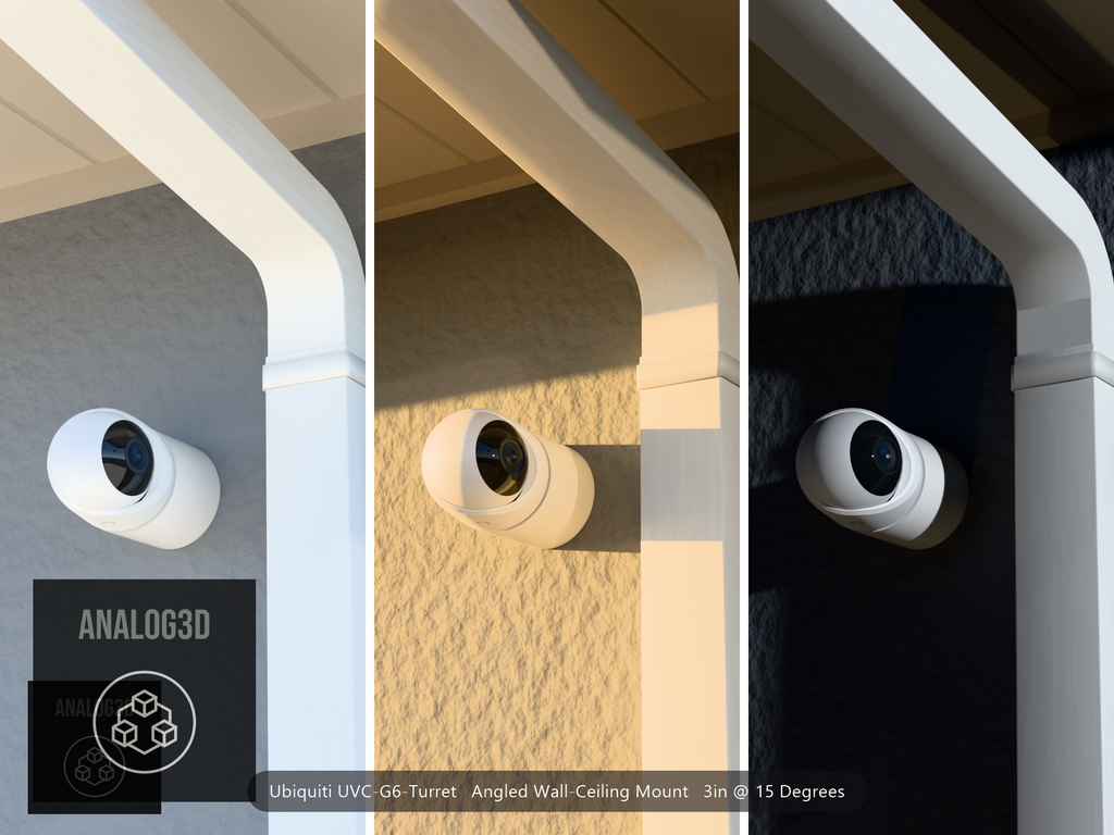 Ubiquiti UVC-G6-Turret on a 15 degree angled wall-ceiling mount, 3 inch extension, white PETG, installed beside a stucco wall with a downspout - daylight, golden hour, and night