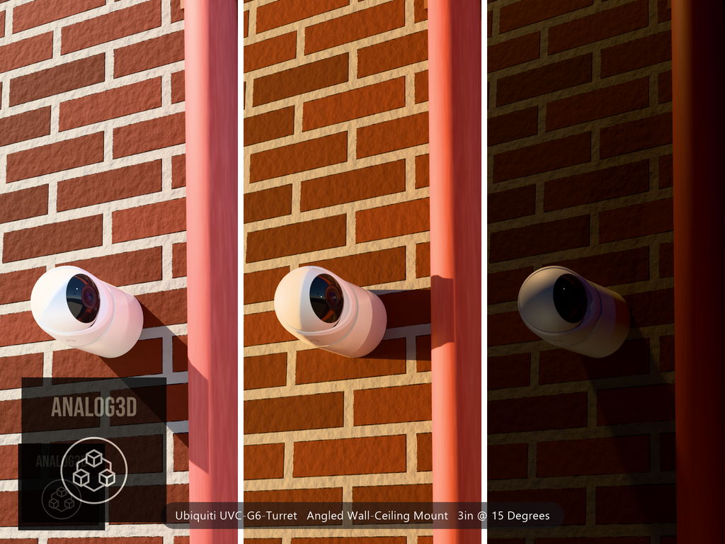 Ubiquiti UVC-G6-Turret on a 15 degree angled wall-ceiling mount, 3 inch extension, white PETG, installed beside a brick wall with a downpipe - daylight, golden hour, and night