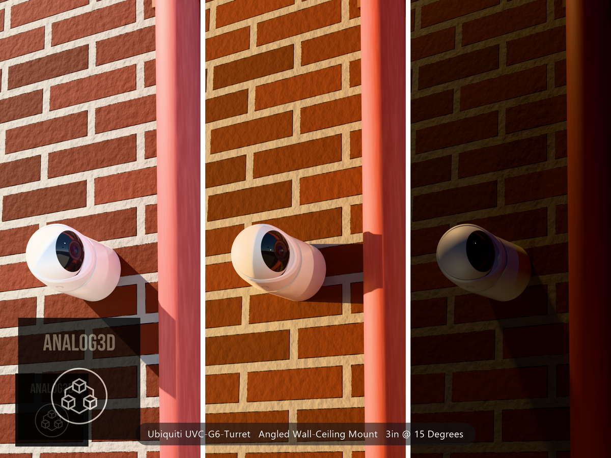 Ubiquiti UVC-G6-Turret on a 15 degree angled wall-ceiling mount, 3 inch extension, white PETG, installed beside a brick wall with a downpipe - daylight, golden hour, and night