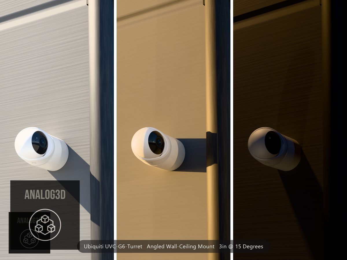Ubiquiti UVC-G6-Turret on a 15 degree angled wall-ceiling mount, 3 inch extension, white PETG, installed beside a concrete wall with a downpipe - daylight, golden hour, and night