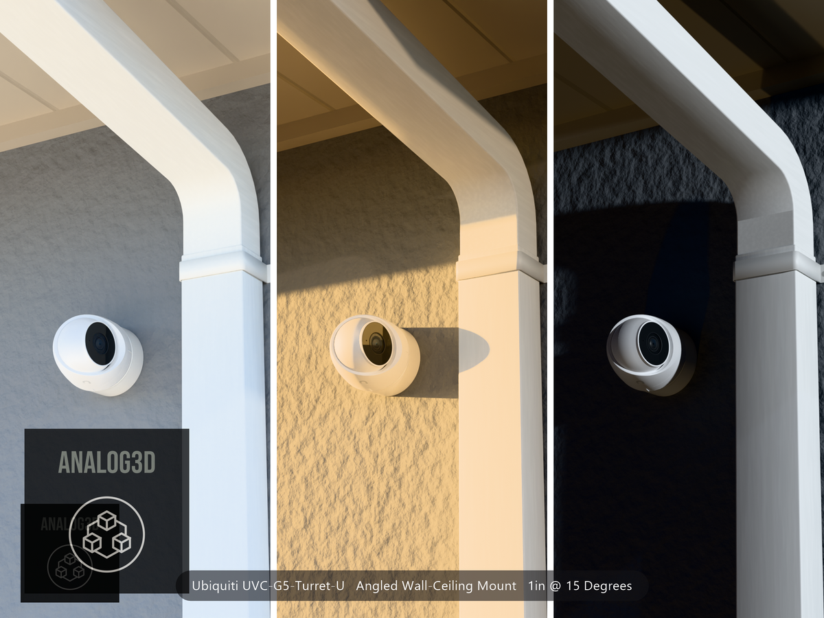 Ubiquiti UVC-G5-Turret-U on a 15 degree angled wall-ceiling mount, 1 inch extension, white PETG, installed beside a stucco wall with a downspout - daylight, golden hour, and night