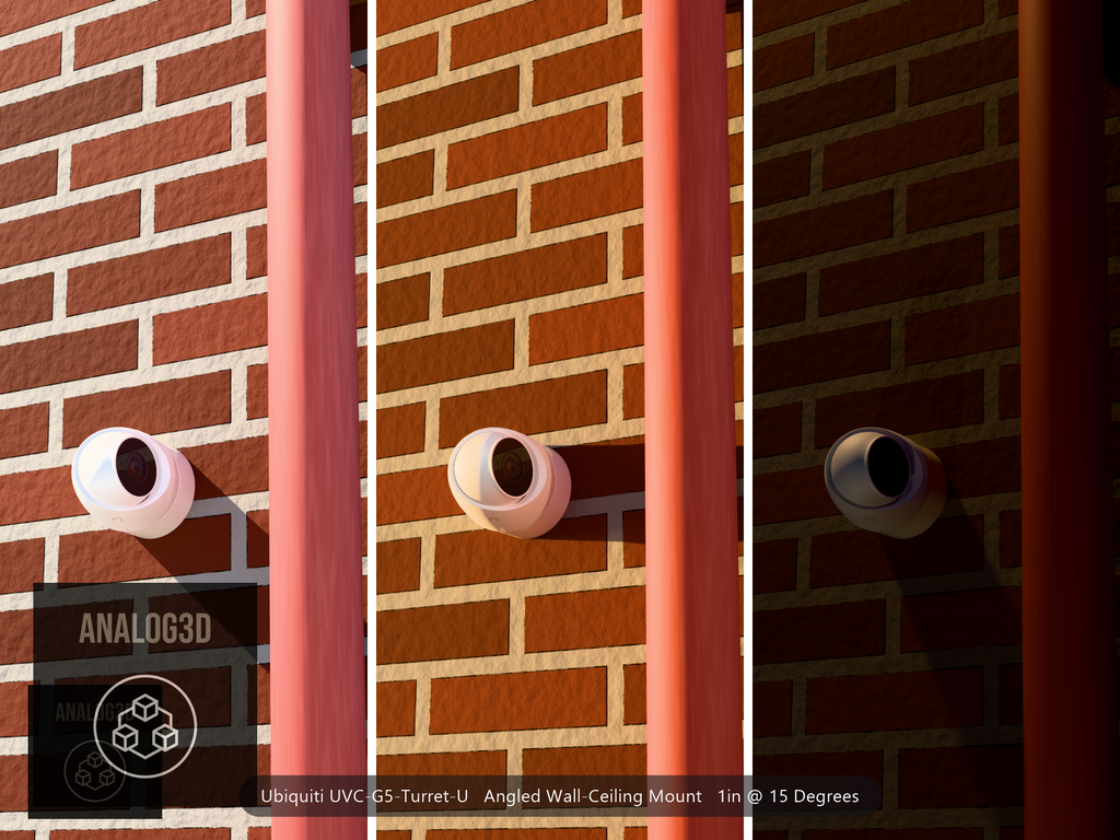 Ubiquiti UVC-G5-Turret-U on a 15 degree angled wall-ceiling mount, 1 inch extension, white PETG, installed beside a brick wall with a downpipe - daylight, golden hour, and night