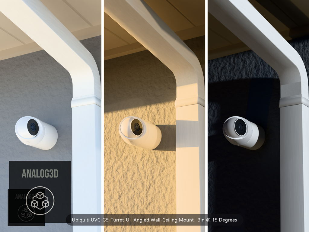 Ubiquiti UVC-G5-Turret-U on a 15 degree angled wall-ceiling mount, 3 inch extension, white PETG, installed beside a stucco wall with a downspout - daylight, golden hour, and night