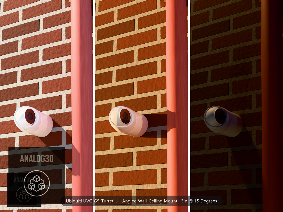 Ubiquiti UVC-G5-Turret-U on a 15 degree angled wall-ceiling mount, 3 inch extension, white PETG, installed beside a brick wall with a downpipe - daylight, golden hour, and night