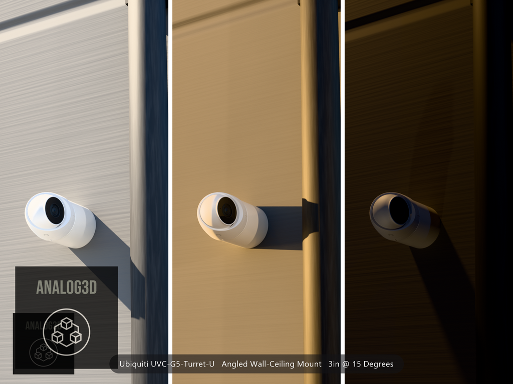 Ubiquiti UVC-G5-Turret-U on a 15 degree angled wall-ceiling mount, 3 inch extension, white PETG, installed beside a concrete wall with a downpipe - daylight, golden hour, and night