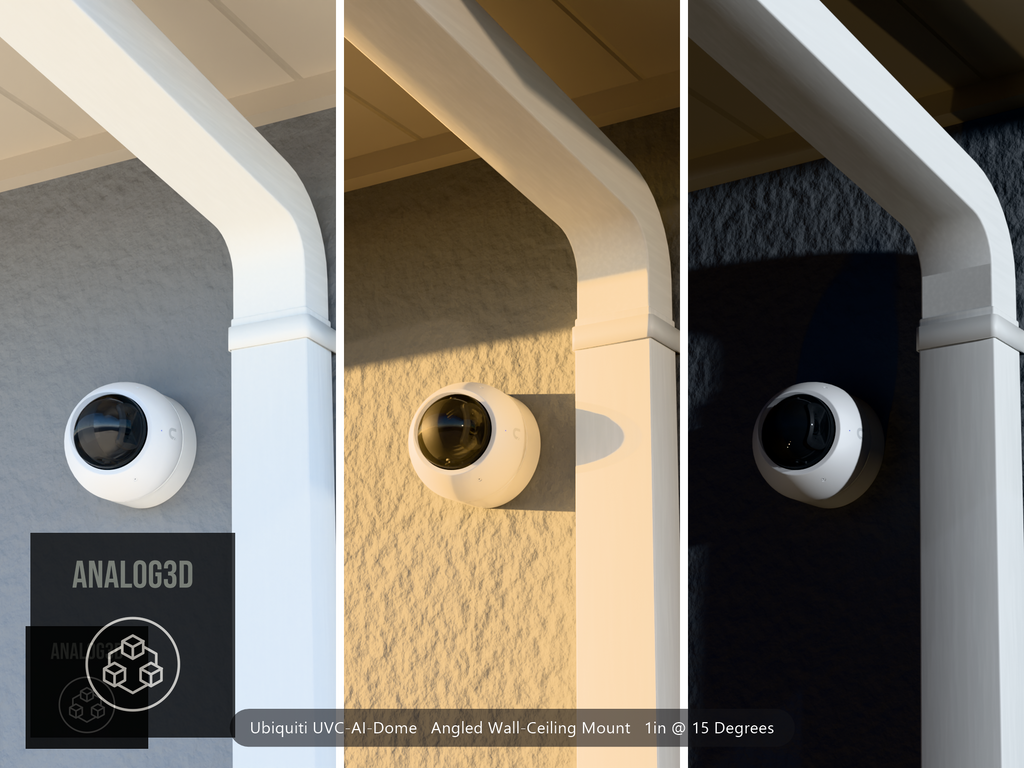 Ubiquiti UVC-AI-Dome on a 15 degree angled wall-ceiling mount, 1 inch extension, white PETG, installed beside a stucco wall with a downspout - daylight, golden hour, and night