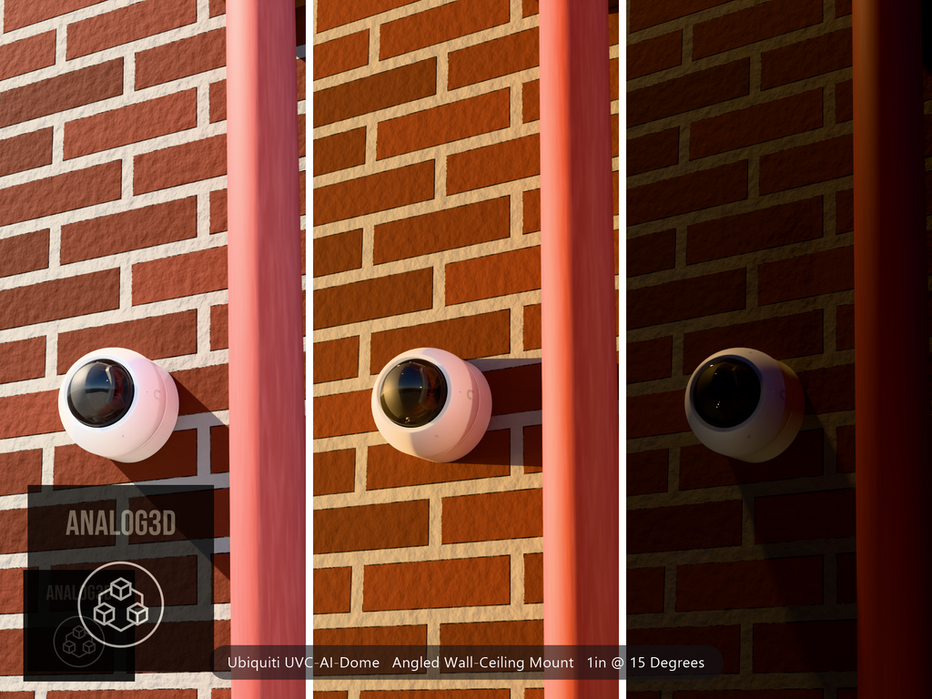 Ubiquiti UVC-AI-Dome on a 15 degree angled wall-ceiling mount, 1 inch extension, white PETG, installed beside a brick wall with a downpipe - daylight, golden hour, and night