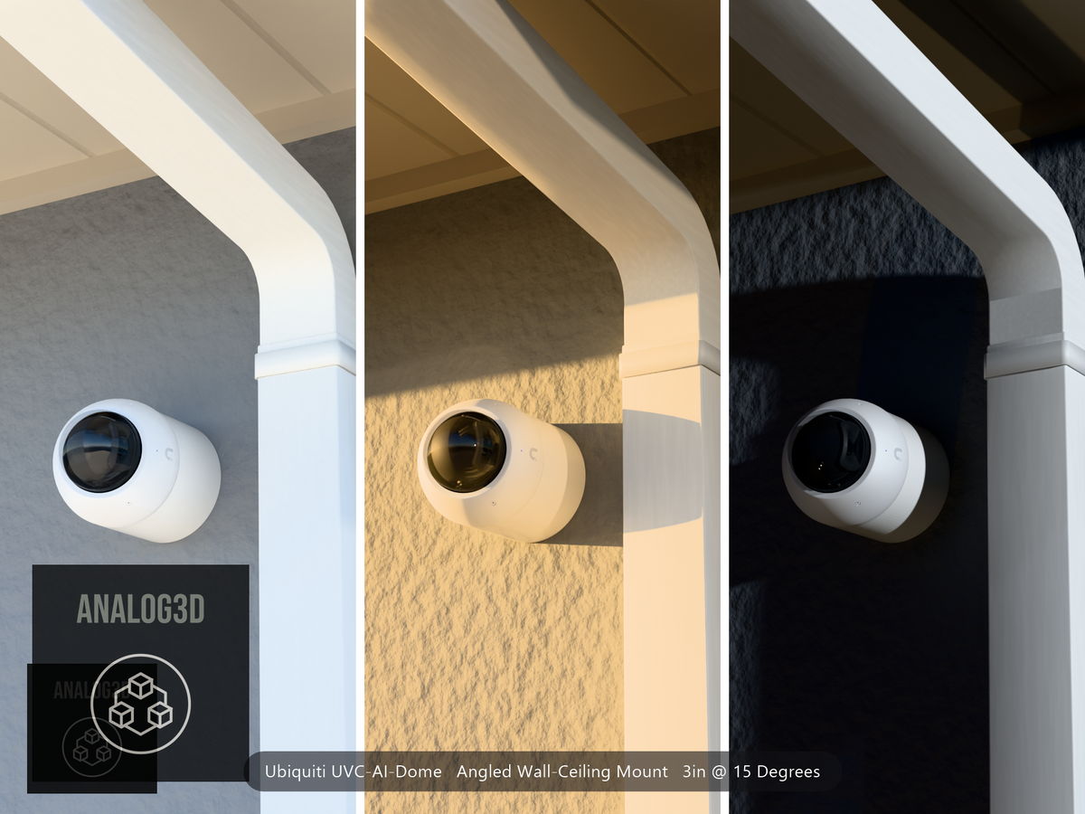 Ubiquiti UVC-AI-Dome on a 15 degree angled wall-ceiling mount, 3 inch extension, white PETG, installed beside a stucco wall with a downspout - daylight, golden hour, and night