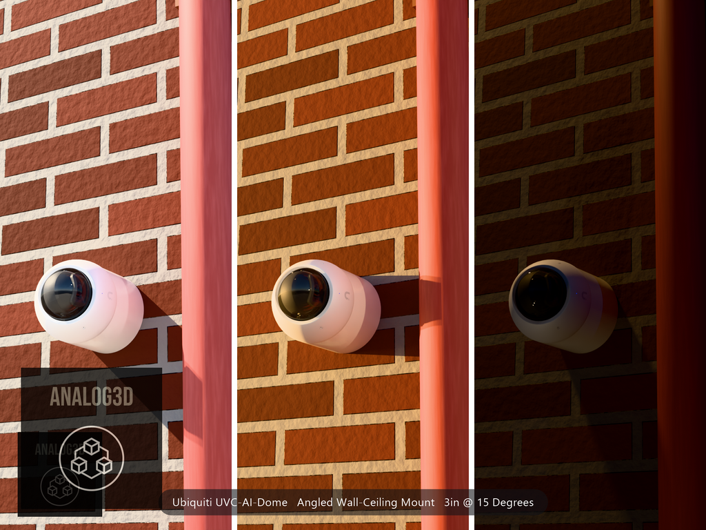 Ubiquiti UVC-AI-Dome on a 15 degree angled wall-ceiling mount, 3 inch extension, white PETG, installed beside a brick wall with a downpipe - daylight, golden hour, and night