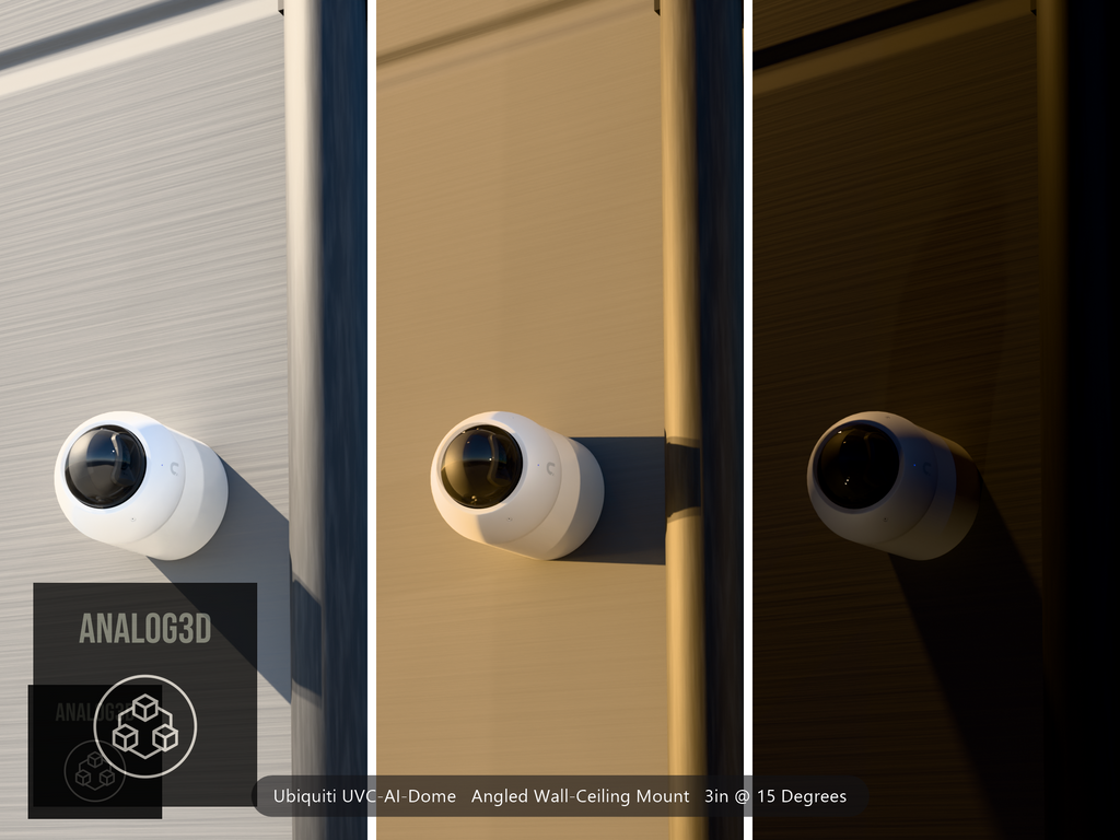 Ubiquiti UVC-AI-Dome on a 15 degree angled wall-ceiling mount, 3 inch extension, white PETG, installed beside a concrete wall with a downpipe - daylight, golden hour, and night