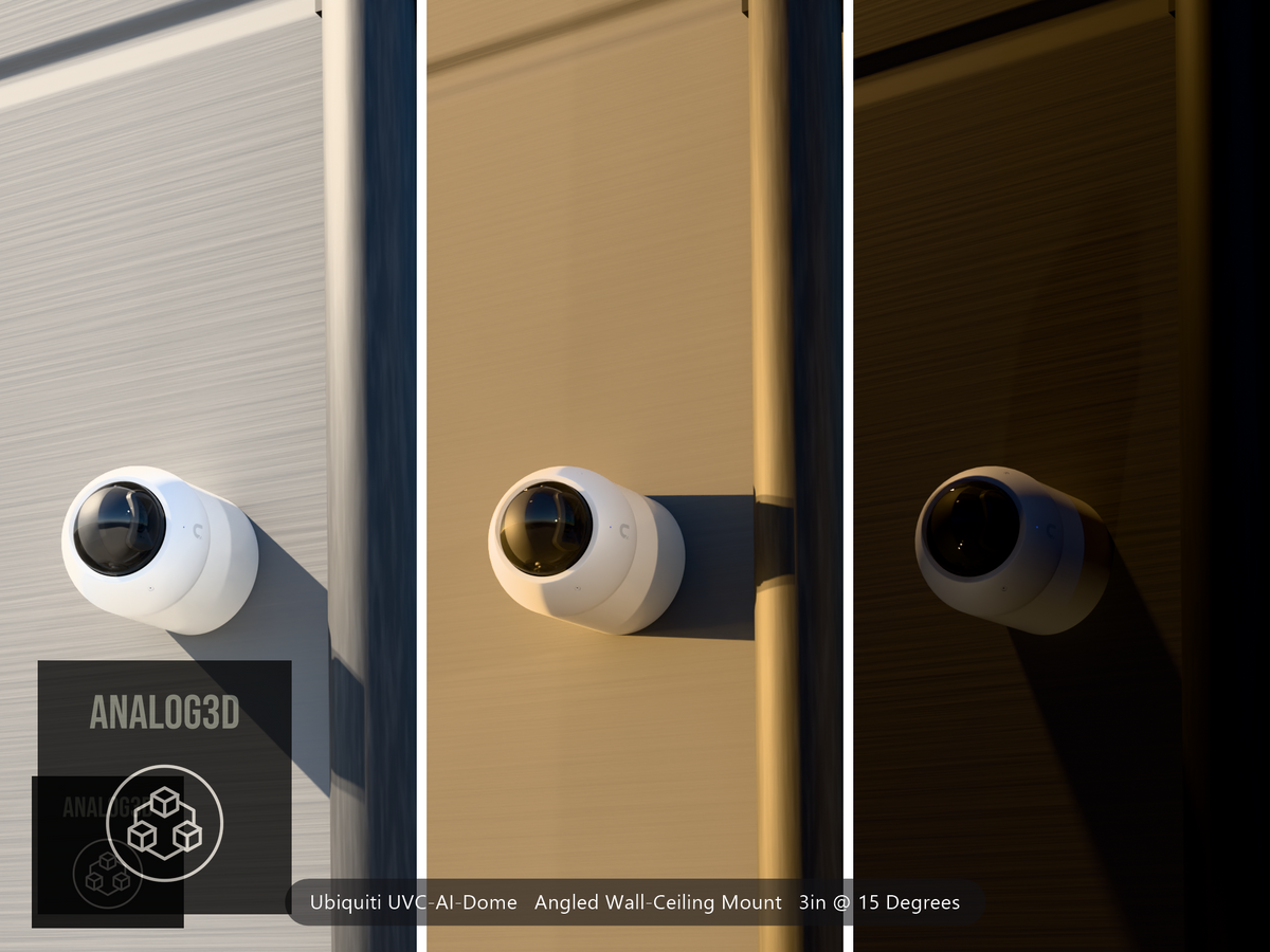 Ubiquiti UVC-AI-Dome on a 15 degree angled wall-ceiling mount, 3 inch extension, white PETG, installed beside a concrete wall with a downpipe - daylight, golden hour, and night
