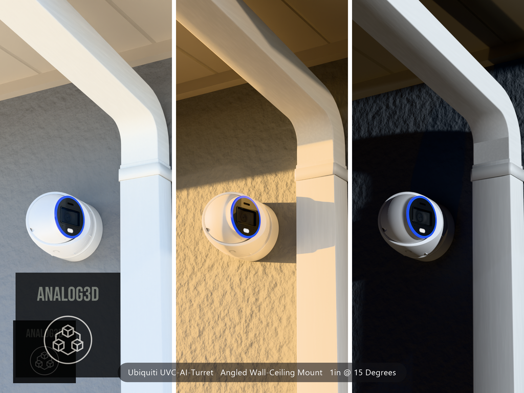 Ubiquiti UVC-AI-Turret on a 15 degree angled wall-ceiling mount, 1 inch extension, white PETG, installed beside a stucco wall with a downspout - daylight, golden hour, and night