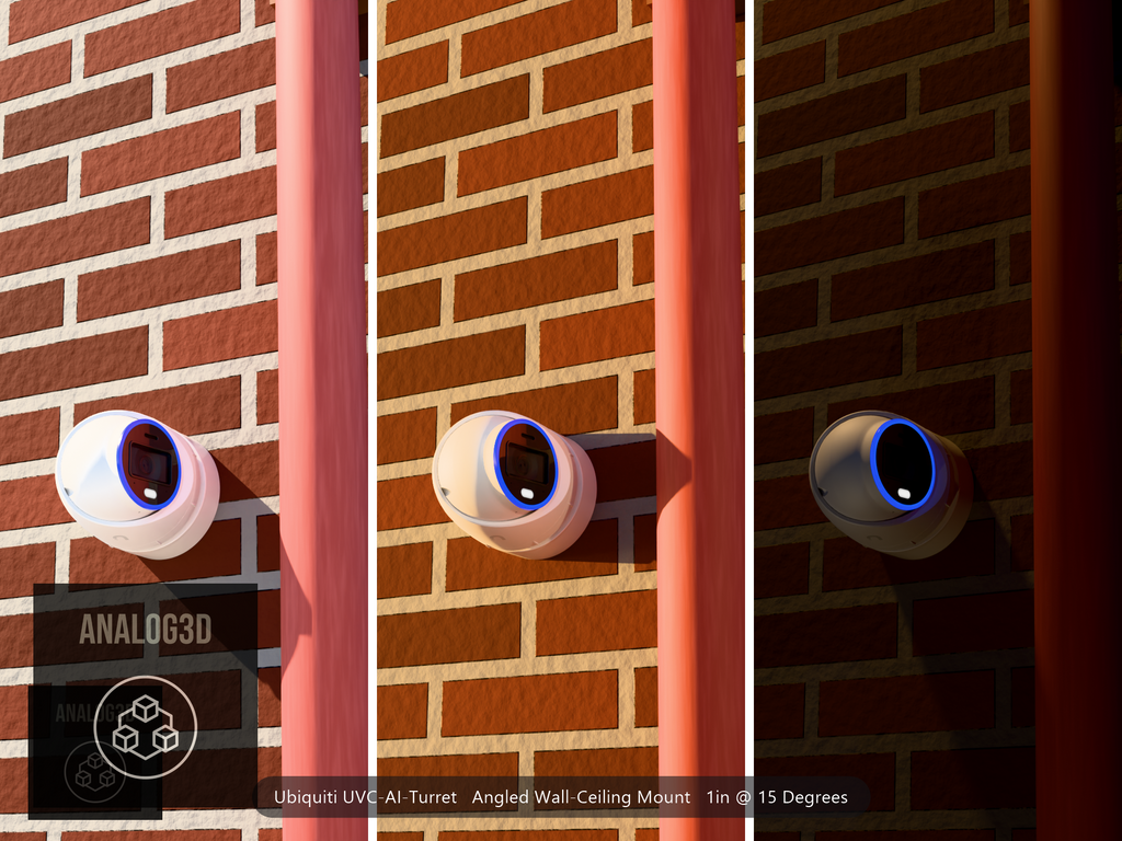 Ubiquiti UVC-AI-Turret on a 15 degree angled wall-ceiling mount, 1 inch extension, white PETG, installed beside a brick wall with a downpipe - daylight, golden hour, and night