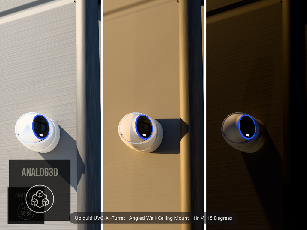 Ubiquiti UVC-AI-Turret on a 15 degree angled wall-ceiling mount, 1 inch extension, white PETG, installed beside a concrete wall with a downpipe - daylight, golden hour, and night