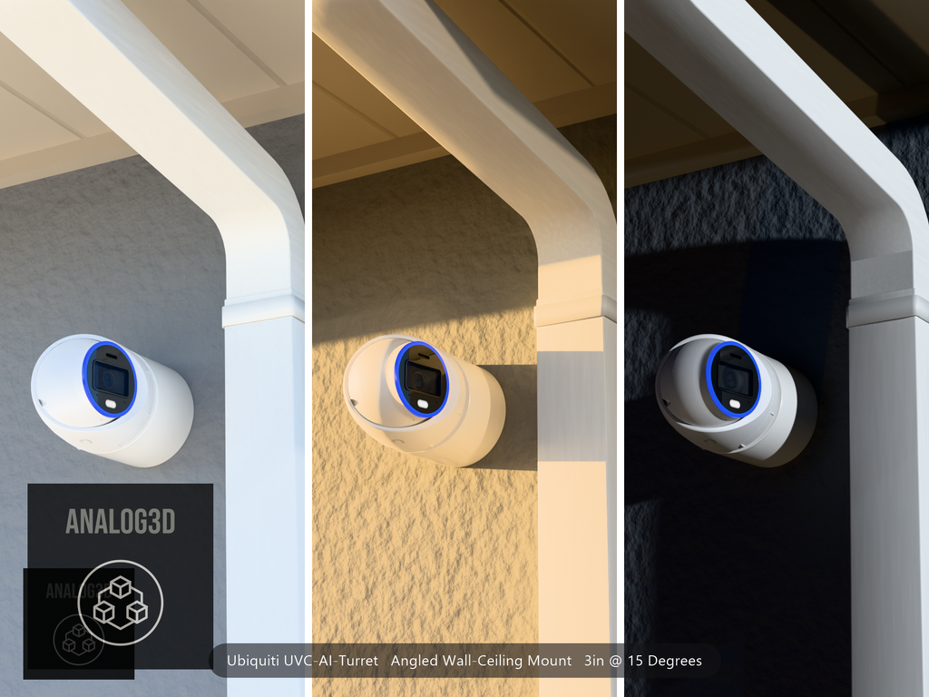 Ubiquiti UVC-AI-Turret on a 15 degree angled wall-ceiling mount, 3 inch extension, white PETG, installed beside a stucco wall with a downspout - daylight, golden hour, and night