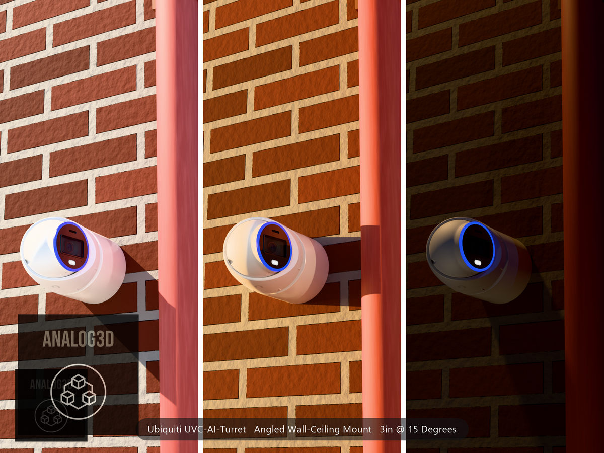 Ubiquiti UVC-AI-Turret on a 15 degree angled wall-ceiling mount, 3 inch extension, white PETG, installed beside a brick wall with a downpipe - daylight, golden hour, and night