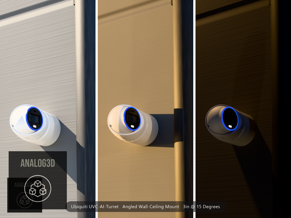 Ubiquiti UVC-AI-Turret on a 15 degree angled wall-ceiling mount, 3 inch extension, white PETG, installed beside a concrete wall with a downpipe - daylight, golden hour, and night