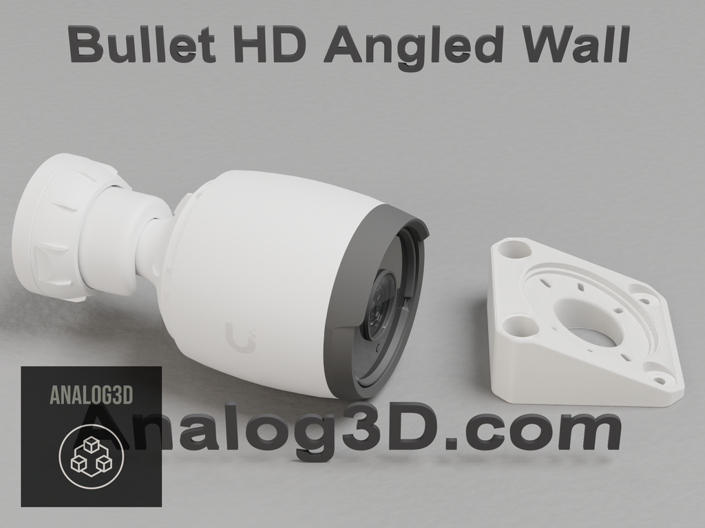 Ubiquiti UVC-Bullet camera next to its 3D printed heavy duty 22 degree angled wall mount, white PETG - Analog3D